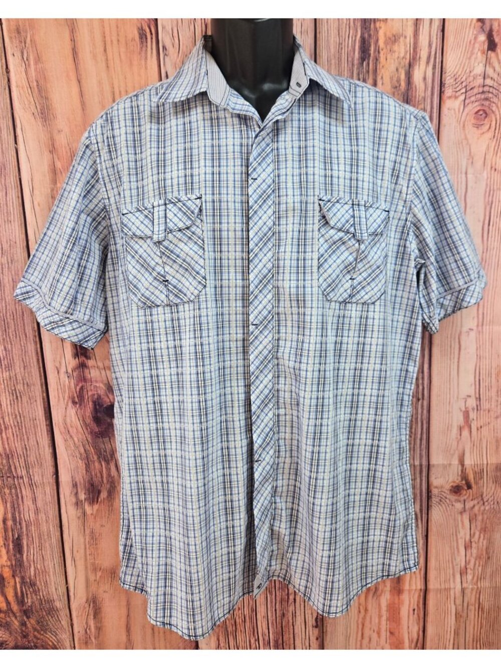 7 Diamonds Mens Short Sleeve Blue Plaid Shirt XL